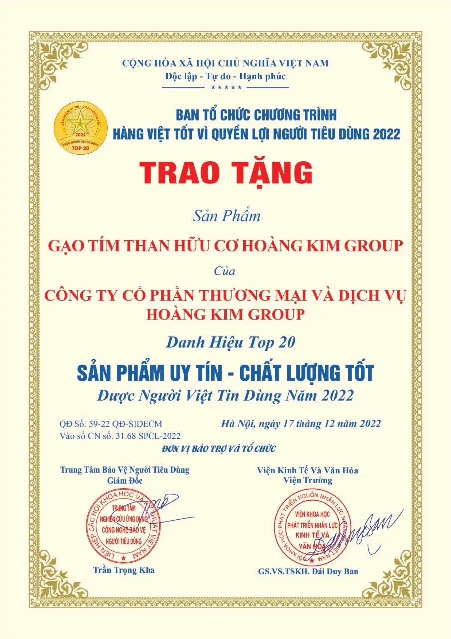 Chứng nhận Top 20 Sản phẩm uy tín chất lượng được người Việt tin dùng năm 2022
