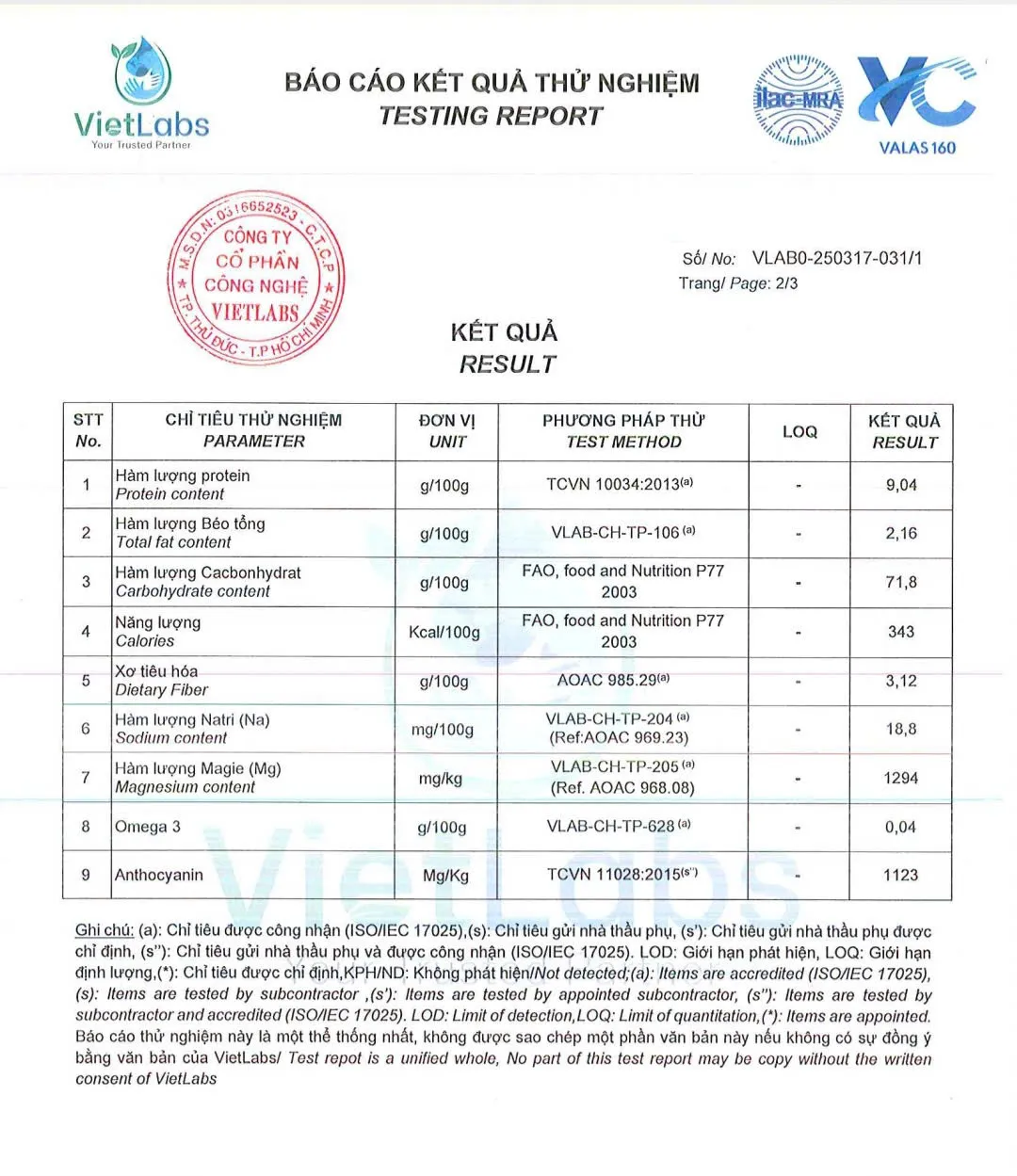Phiếu kiểm nghiệm VietLabs cho gạo tím than Hoàng Kim, ghi rõ hàm lượng anthocyanin 1123 mg/kg
